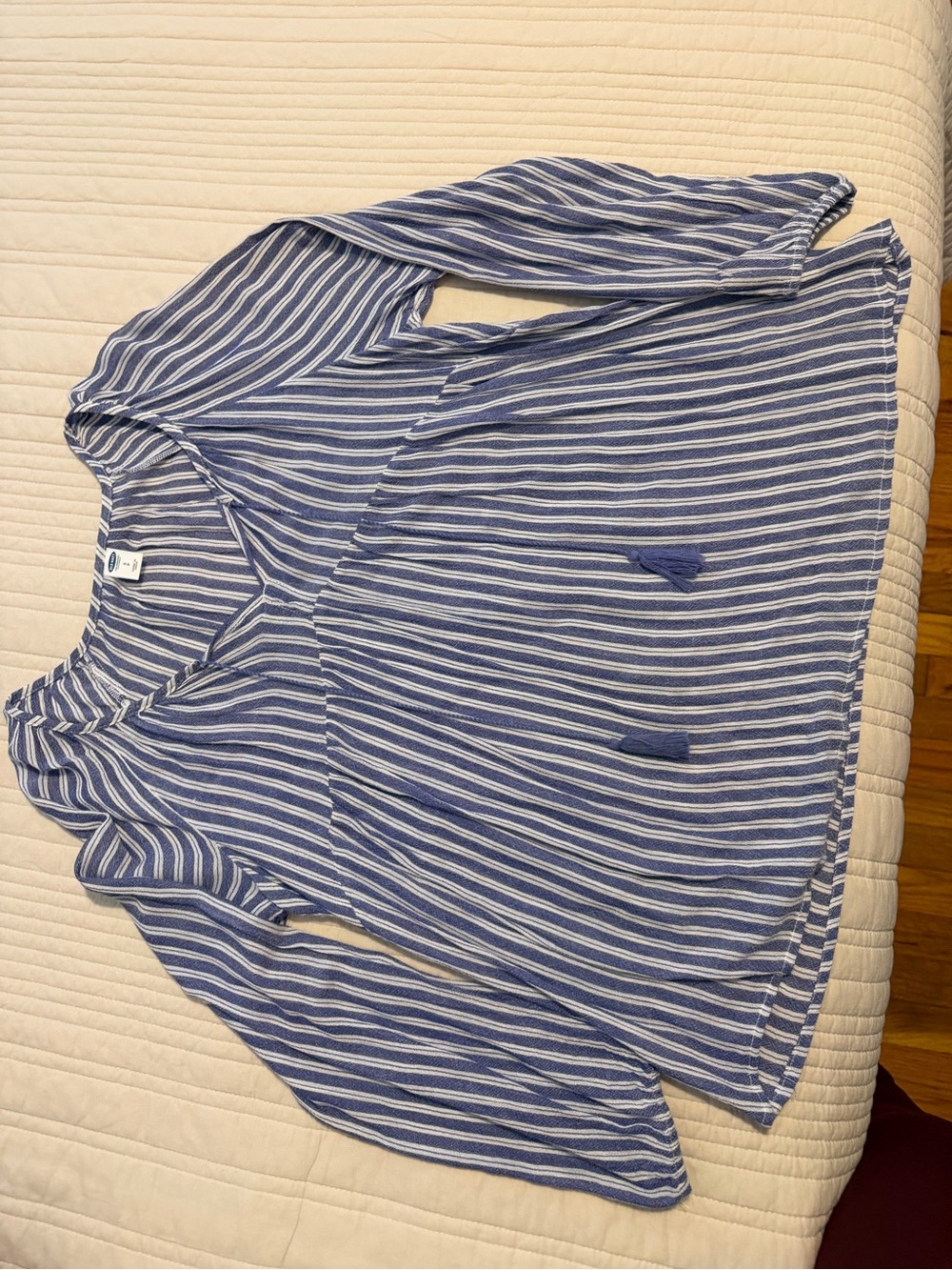 Old Navy Blue and White Striped Long-Sleeve Peasant Top